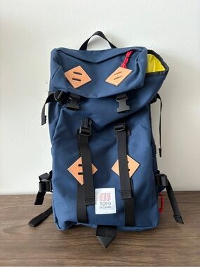 Topo Designs Navy Backpack with Tan Leather Accents